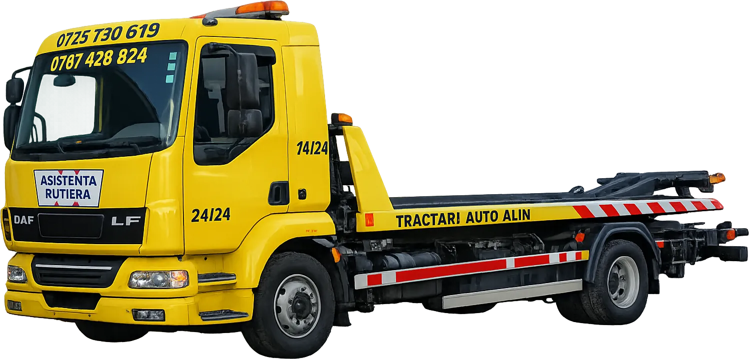 Camionul de tractări Tractări Auto Alin, cu numerele de telefon non-stop